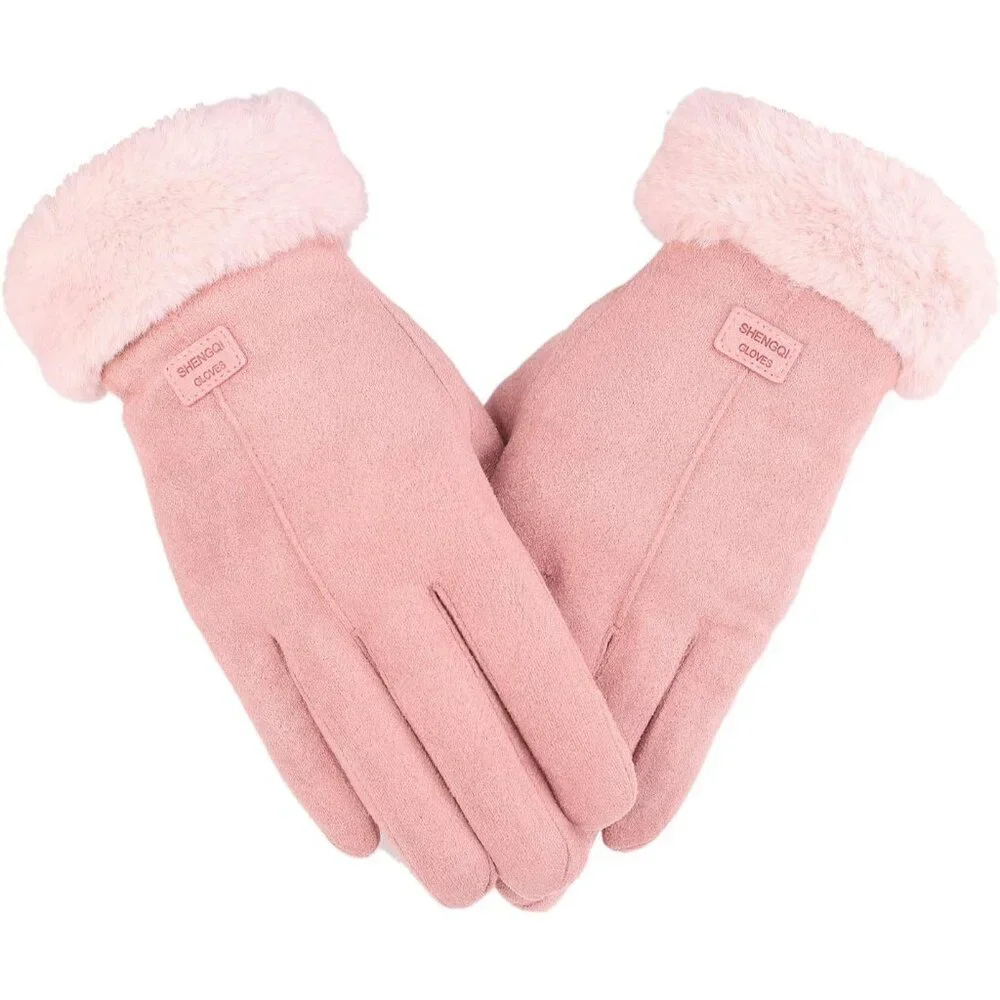Women's Faux Suede Gloves Furry Cuffs Touchscreen Warm Fleece Lined
